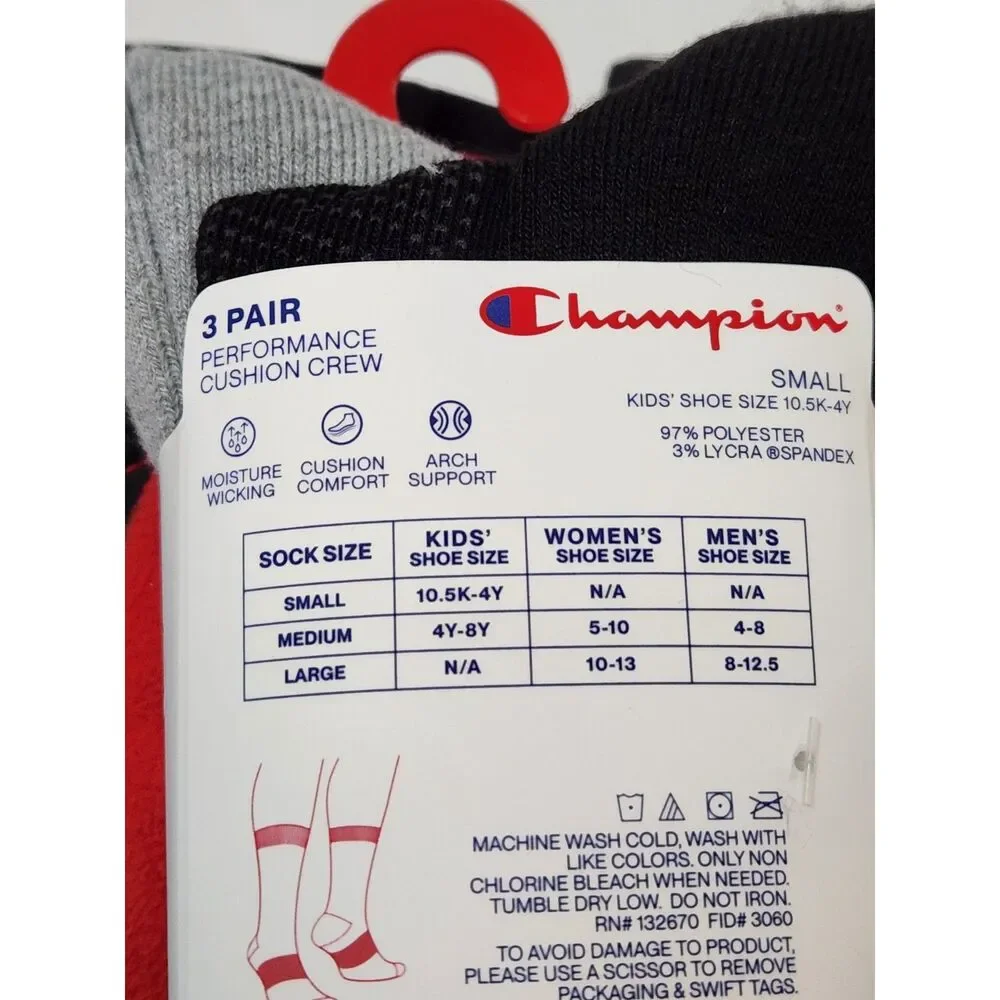 Champion Kids Socks 3‑Pack Small 10K–4Y + Hot Fingers Mittens Red